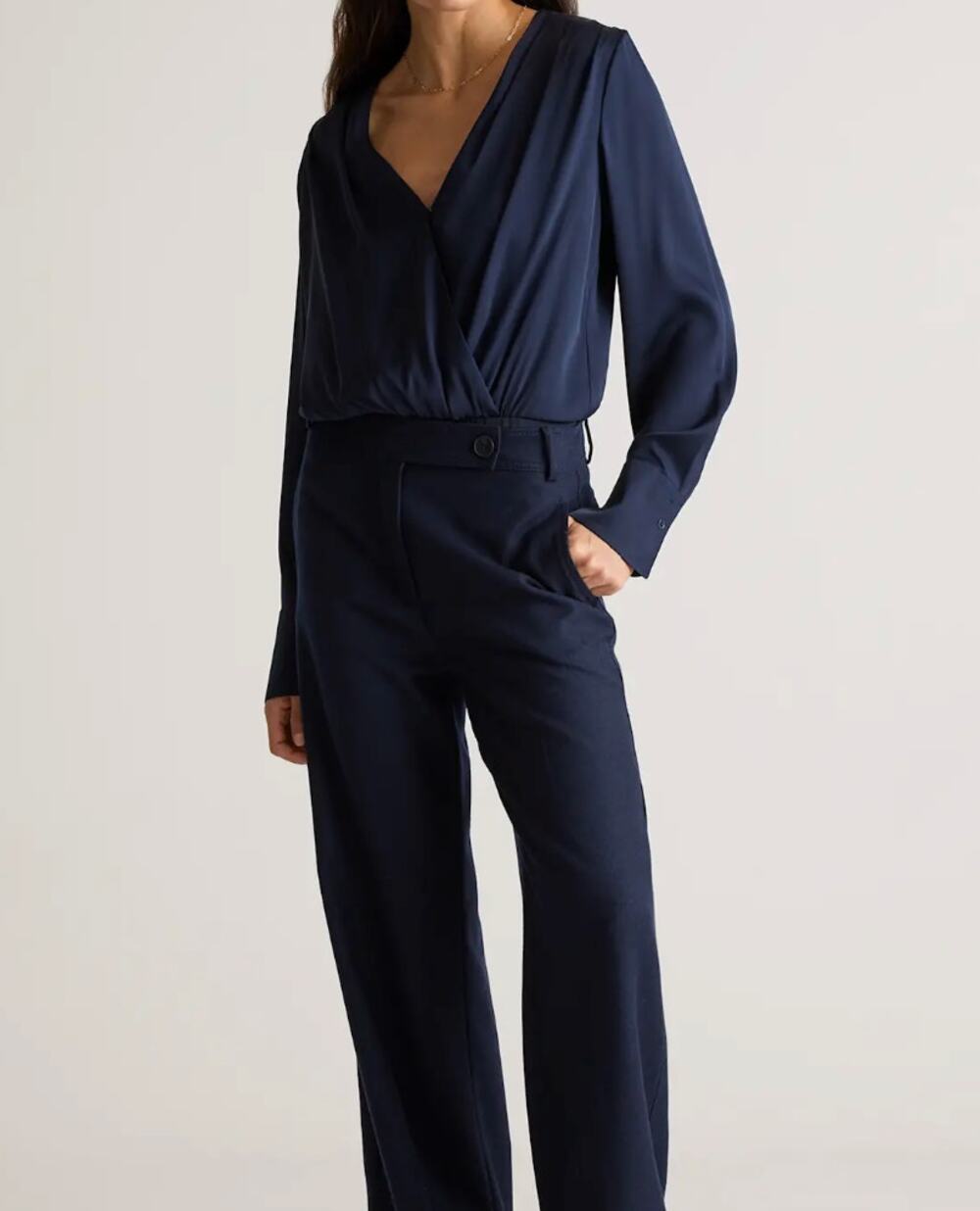 Quince Washable Stretch Silk Surplice Bodysuit Navy Small Long Sleeve Top